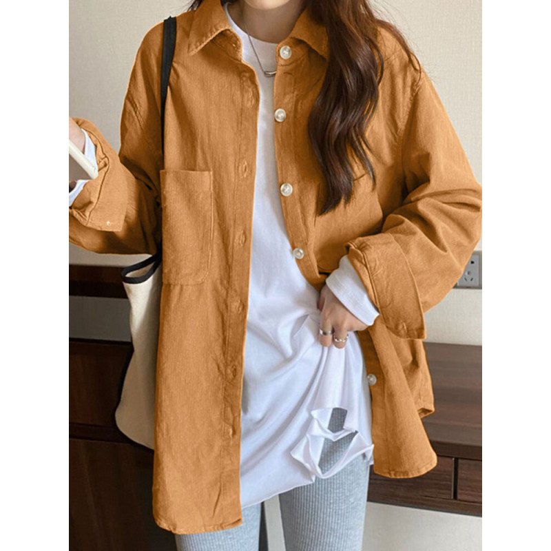 Solid Loose Pocket Button Front Lapel Long Sleeve Shirt
