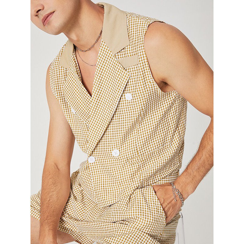 Men Plaid Double Breasted 2 Piece Set