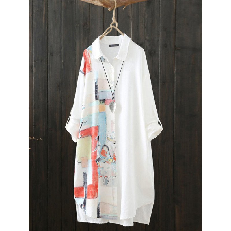 Patchwork Print Long Sleeve Lapel Button Front Shirt