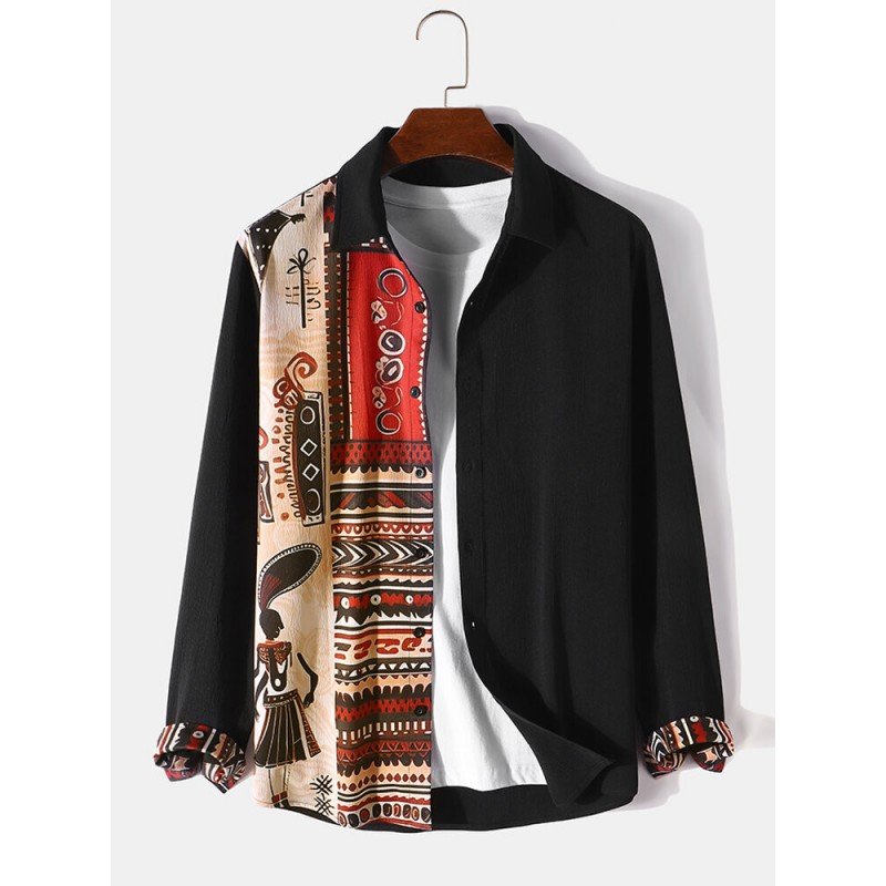 Mens Ethnic Figure Geometric Pattern Patchwork Long Sleeve Shirts