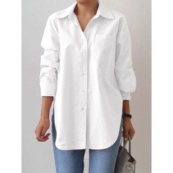 Solid Lapel Long Sleeve Slit Hem Button Shirt