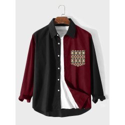 Mens Ethnic Argyle Pattern Chest Pocket Patchwork Long Sleeve Shirts