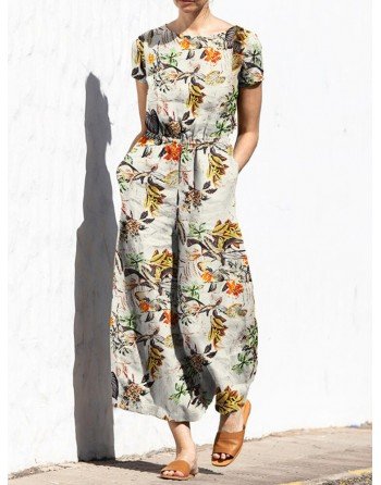 Plant Print Pocket Sash Round Neck Short Sleeve Cotton Jumpsuit