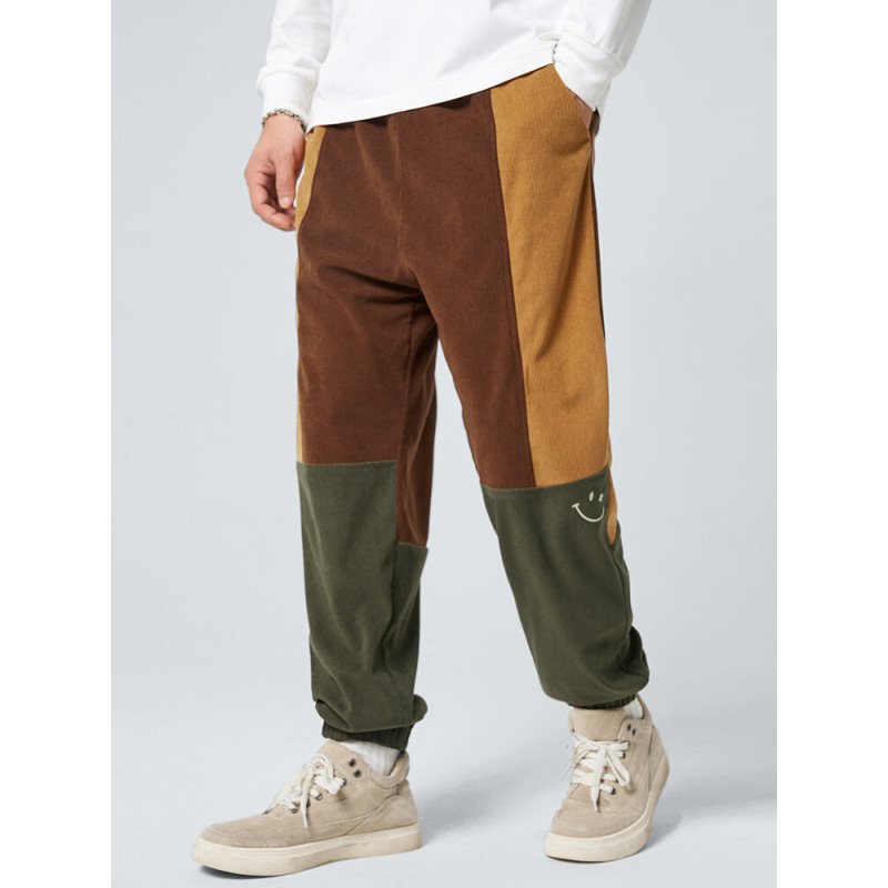 Mens Smile Face Color Block Patchwork Corduroy Cuffed Pants