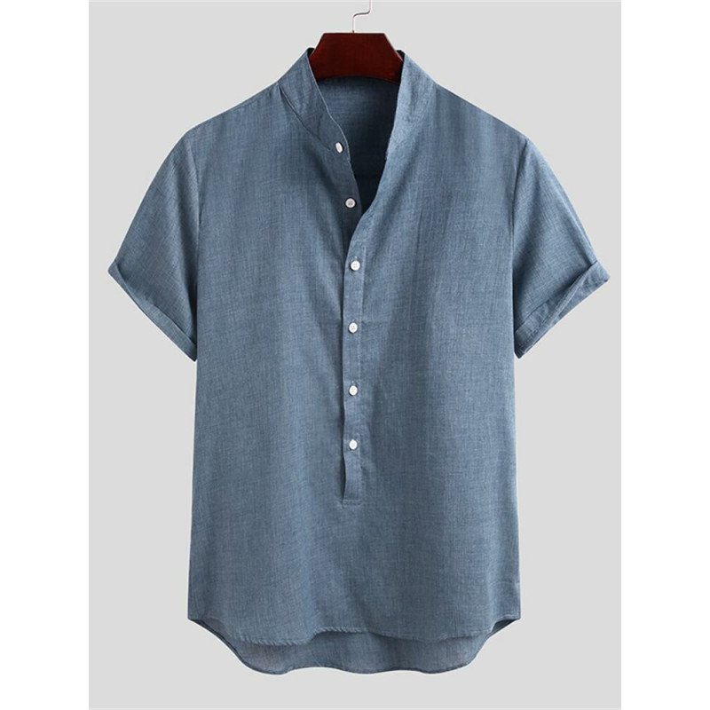 Mens Casual Short Sleeve Button Linen Shirts