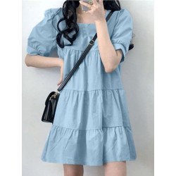 Puff Sleeve Square Collar A-line Solid Casual Dress