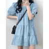 Puff Sleeve Square Collar A-line Solid Casual Dress