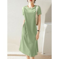 Asymmetrical Hem Solid Crew Neck Short Sleeve Casual Dress