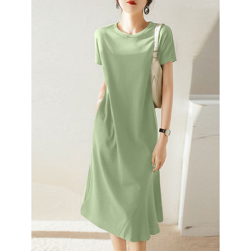 Asymmetrical Hem Solid Crew Neck Short Sleeve Casual Dress