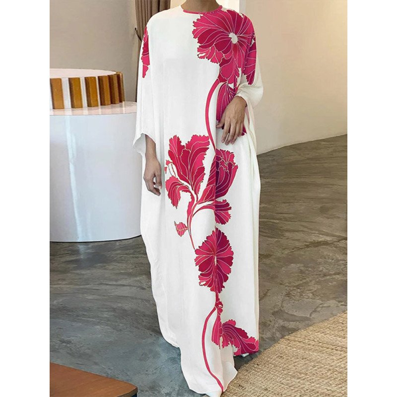 Women Floral Print Crew Neck Loose 3/4 Sleeve Maxi Dress