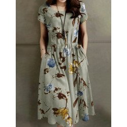 Flower Print Pocket Drawstring Short Sleeve Midi Dress