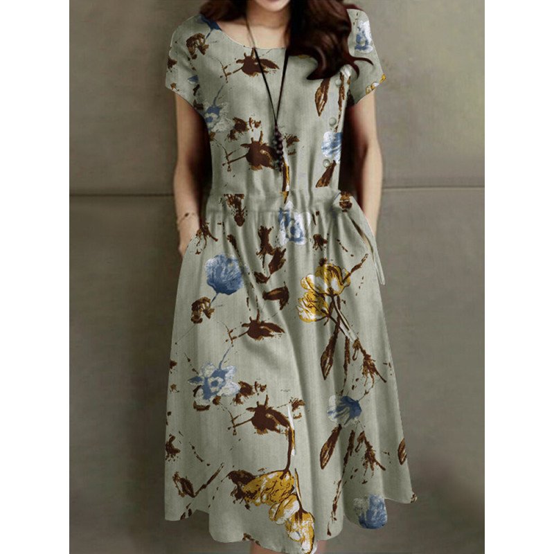 Flower Print Pocket Drawstring Short Sleeve Midi Dress