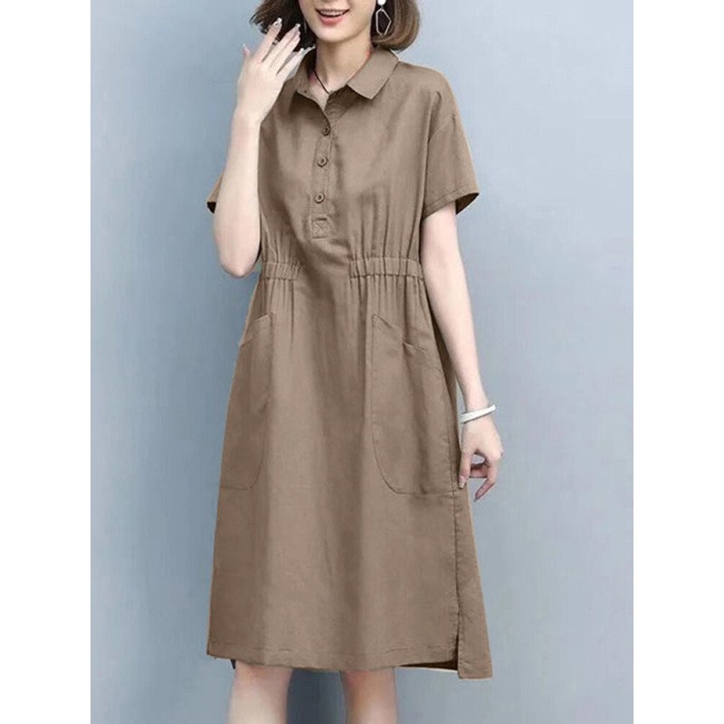 Solid Slit Hem Dual Pocket Lapel Short Sleeve Dress