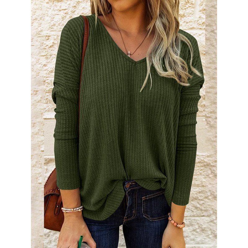 Solid Long Sleeve V-neck Casual T-shirt For Women