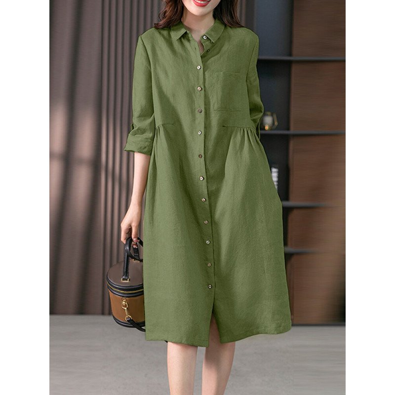 Solid Long Sleeve Pocket Button Vintage Shirt Dress