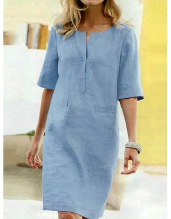 Women Solid Half Sleeve Notch Neck Vintage Dress