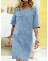 Women Solid Half Sleeve Notch Neck Vintage Dress