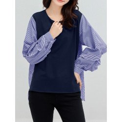Stripe Patchwork High-low Long Sleeve Crew Neck Blouse
