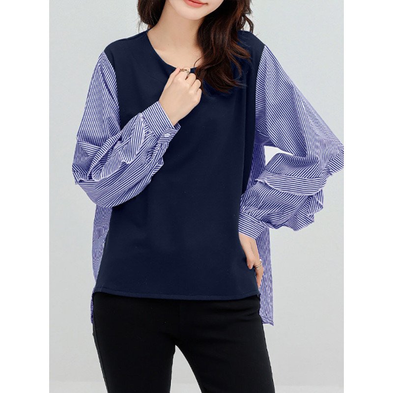 Stripe Patchwork High-low Long Sleeve Crew Neck Blouse