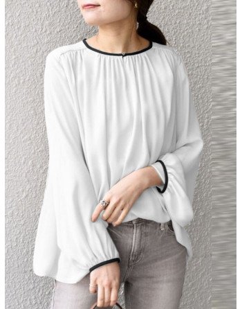 Women Contrast Lantern Sleeve Crew Neck Blouse