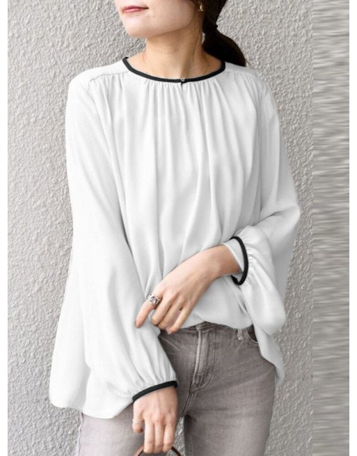 Women Contrast Lantern Sleeve Crew Neck Blouse