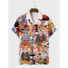 Mens Allover Japanese Cat Sushi Print Revere Collar Short Sleeve Shirts