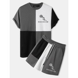 Mens Rose Print Color Block Patchwork Crew Neck Two Pieces Outfits