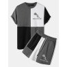 Mens Rose Print Color Block Patchwork Crew Neck Two Pieces Outfits