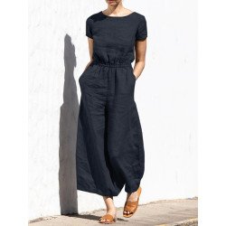 Solid Color Short Sleeve O-neck Cotton Wide Leg Jumpsuit