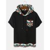 Mens Geometric Print Patchwork Chest Pocket Short Sleeve Hooded T-Shirts