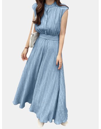 Textured Stand Collar Sleeveless Maxi Dress With Belt