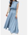Textured Stand Collar Sleeveless Maxi Dress With Belt