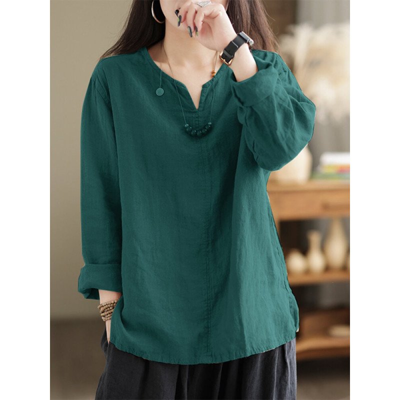 Solid Long Sleeve Notch Neck Blouse For Women
