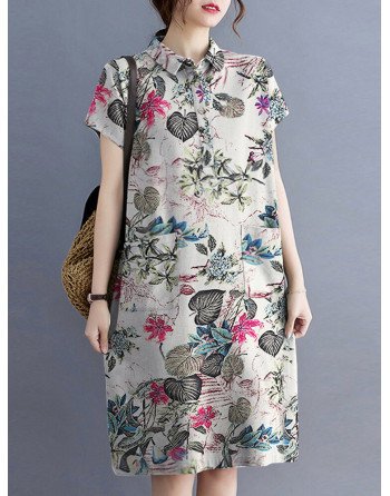 Plant Print Button Pocket Casual Cotton Midi Dress