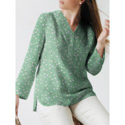 Allover Floral Print V-neck Slit Hem Long Sleeve Blouse