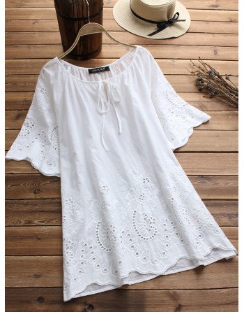 Bandage Hollow Embroidery Laced Half Sleeve Vintage Blouses