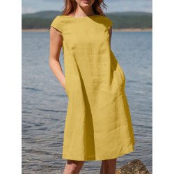 Women Solid Short Sleeve Pocket Crew Neck Dress