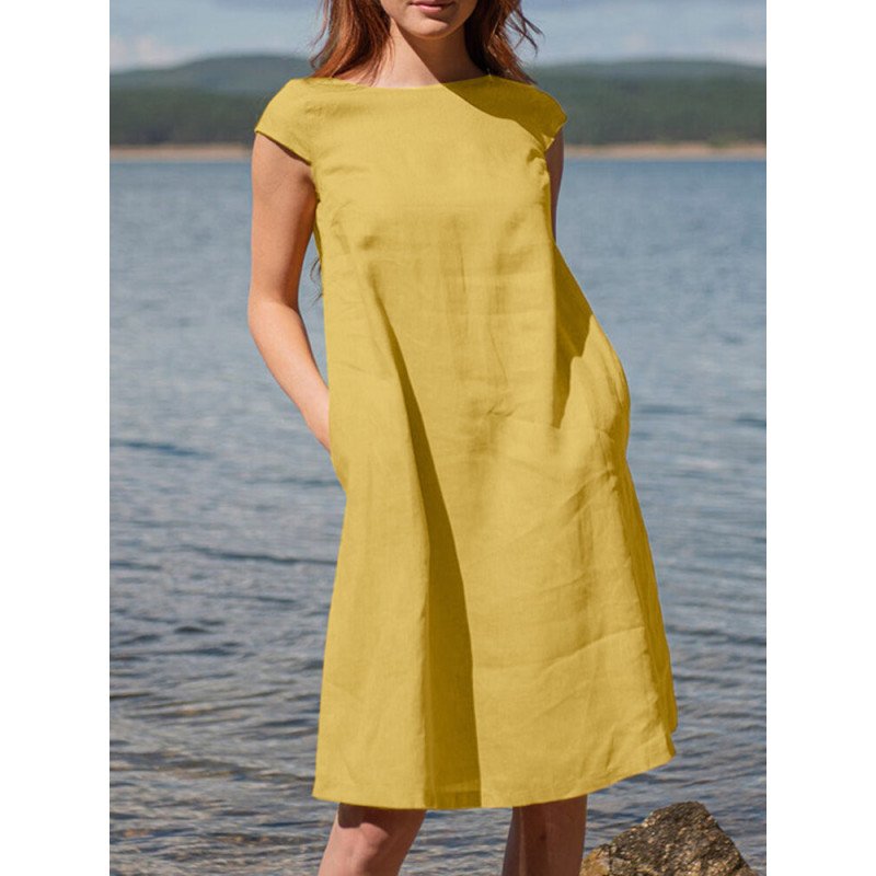 Women Solid Short Sleeve Pocket Crew Neck Dress