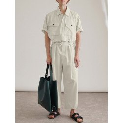 Mens Solid Lapel Zip Front Cargo Jumpsuit With Belt