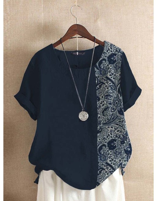 Women Ethnic Paisley Print Patchwork Cotton Short Sleeve Blouse