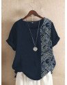 Women Ethnic Paisley Print Patchwork Cotton Short Sleeve Blouse