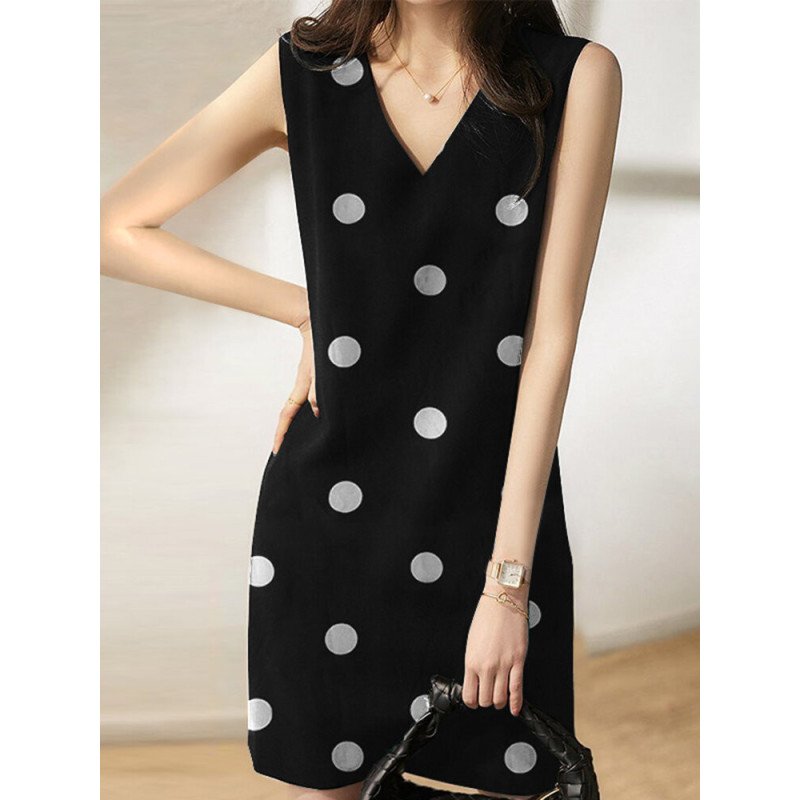Dot Print V-neck Sleeveless Dress For Women