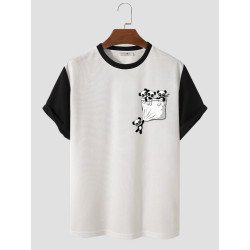 Mens Cartoon Panda Print Contrast Knit Short Sleeve T-Shirts