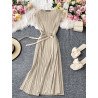Solid Pleated Sleeveless Crew Neck Casual Dress With Belt