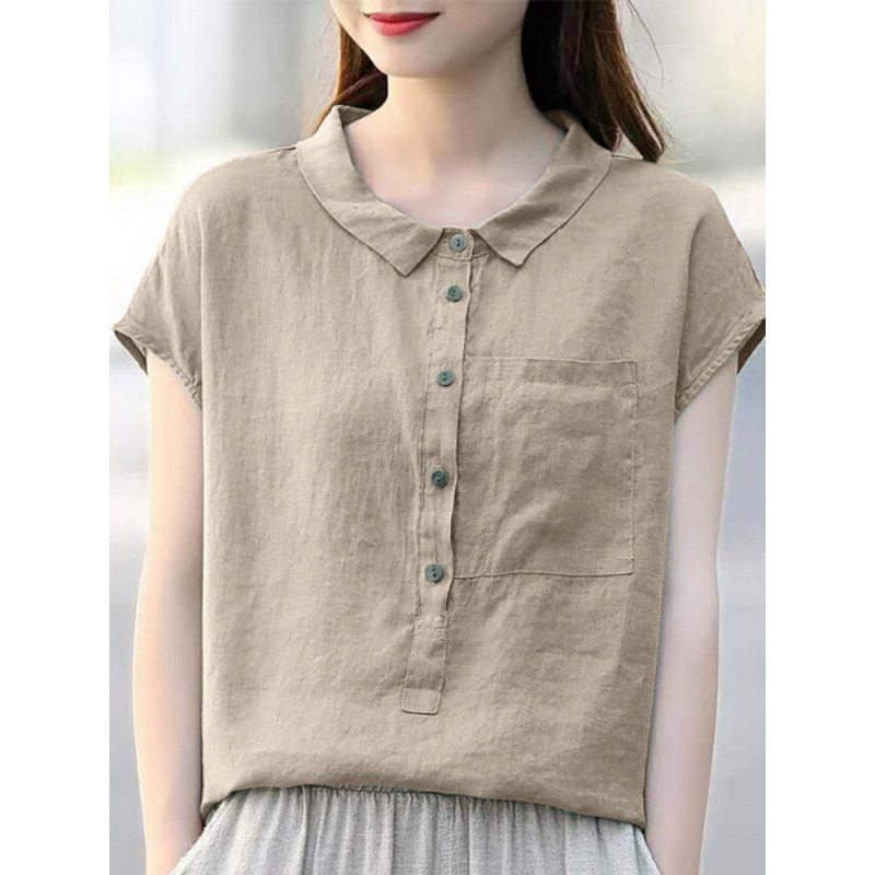 Solid Cotton Button Front Pocket Lapel Short Sleeve Blouse