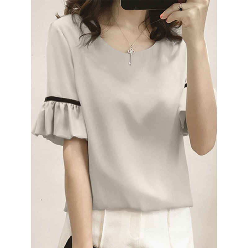 Ruffle Sleeve Contrast Crew Neck Women Blouse