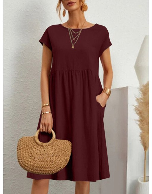 Women Solid Short Sleeve Pocket Midi Casual Dress