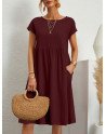 Women Solid Short Sleeve Pocket Midi Casual Dress
