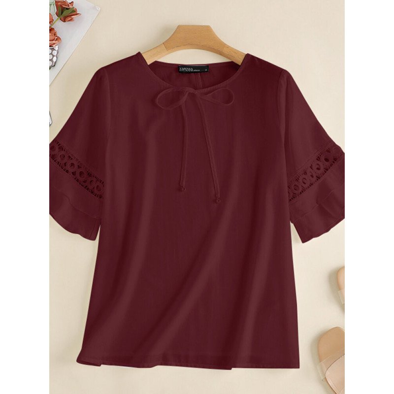 Tiered Ruffle Sleeve Solid Tie Front Crew Neck Blouse