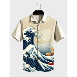 Mens Japanese Wave Ukiyoe Print Lapel Short Sleeve Shirts